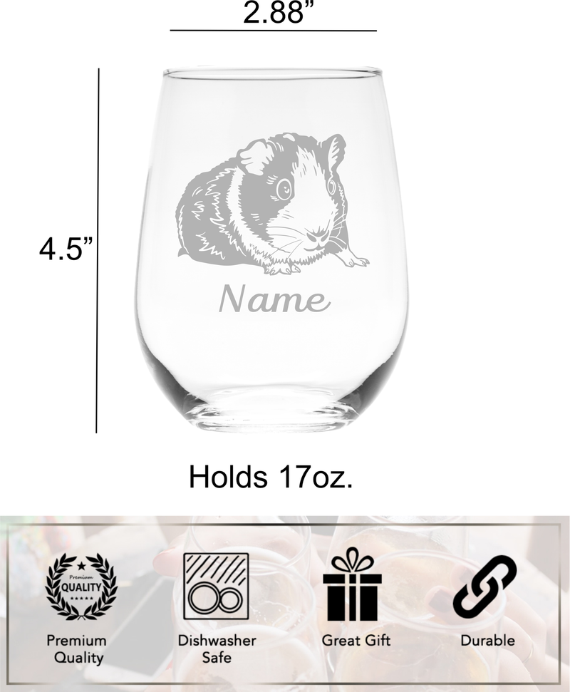 Guinea Pig with Name, 17 oz.  Custom Stemless Wine Glass - Personalized Guinea Pig Themed Gift for Women and Men