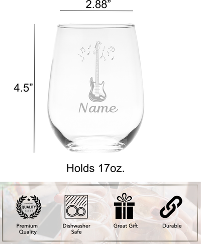 Electric Guitar with Name, 17 oz. Custom Stemless Wine Glass - Personalized Electric Guitar Themed Gift for Women and Men