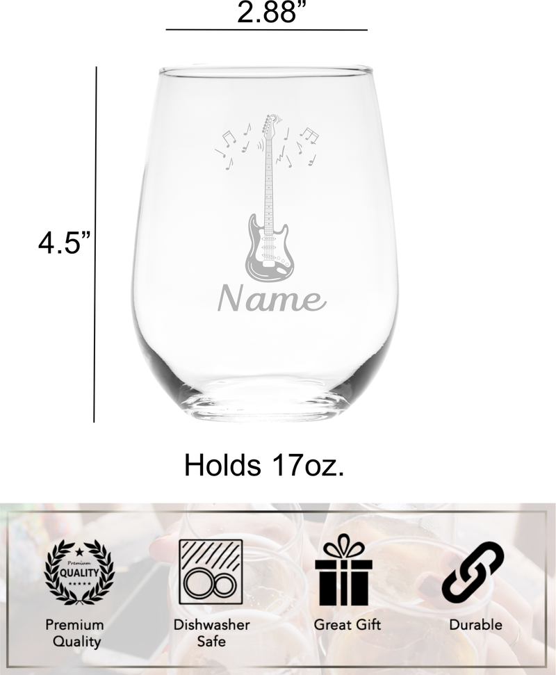 Electric Guitar with Name, 17 oz. Custom Stemless Wine Glass - Personalized Electric Guitar Themed Gift for Women and Men