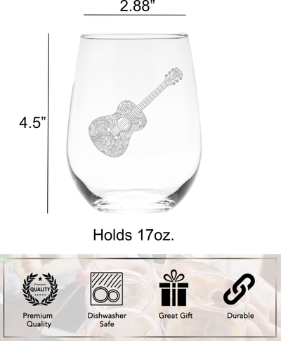 Guitar Stemless Wine Glass - Guitar Themed Gift for Men and Women  17 oz (Style G1)