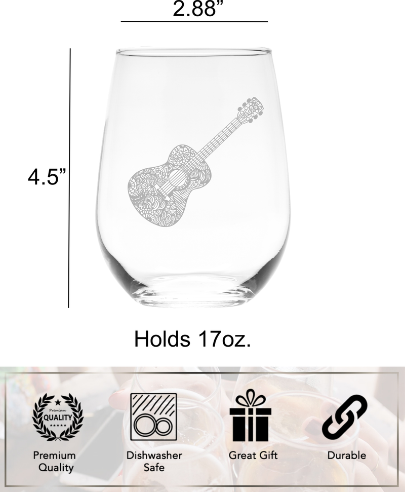 Guitar Stemless Wine Glass - Guitar Themed Gift for Men and Women  17 oz (Style G1)