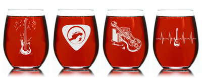 Guitar Stemless Wine Glass Set - Guitar Themed Gift for Women and Men - 4 Pieces