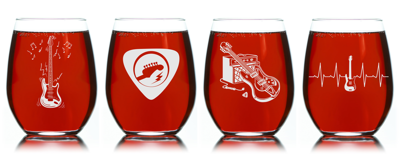 Guitar Stemless Wine Glass Set - Guitar Themed Gift for Women and Men - 4 Pieces