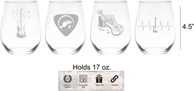 Guitar Stemless Wine Glass Set - Guitar Themed Gift for Women and Men - 4 Pieces