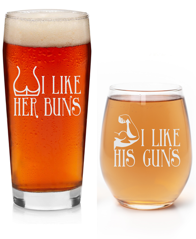 I Like Her Buns 20 oz Beer  Glass and I Like His Guns 15 oz Stemless Wine Glass  - Set of 2 - Funny Gift for Women and Men