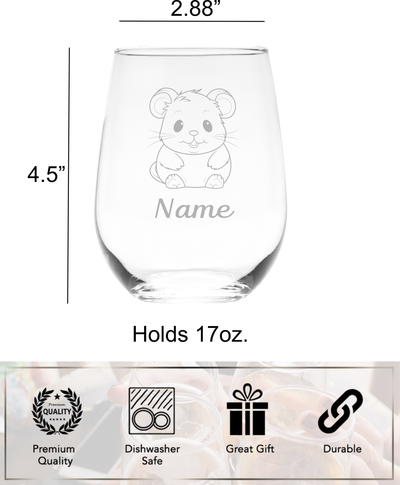Hamster with Name 17 oz.  Custom Stemless Wine Glass - Personalized Hamster Themed Gift for Women and Men