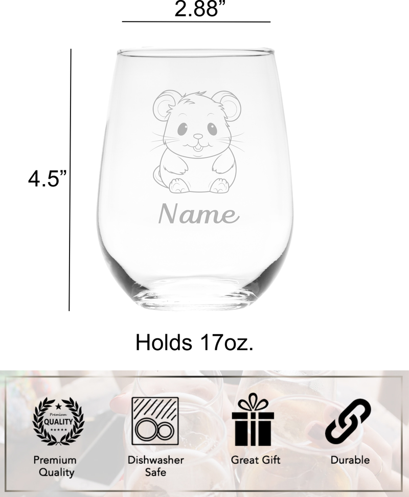 Hamster with Name 17 oz.  Custom Stemless Wine Glass - Personalized Hamster Themed Gift for Women and Men