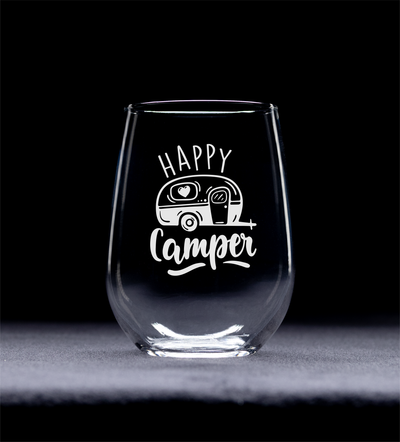 Happy Camper Stemless Wine Glass -  Funny Camping Themed Gift for Women and Men  - 17 oz.