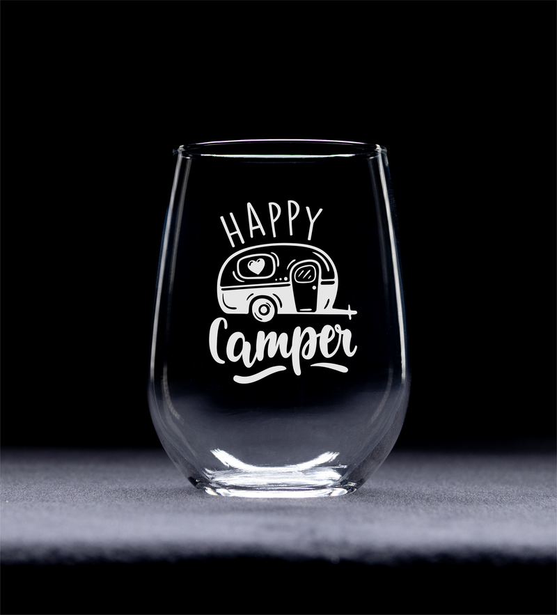 Happy Camper Stemless Wine Glass -  Funny Camping Themed Gift for Women and Men  - 17 oz.