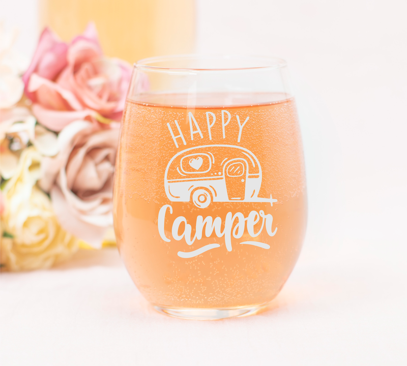 Happy Camper Stemless Wine Glass -  Funny Camping Themed Gift for Women and Men  - 17 oz.