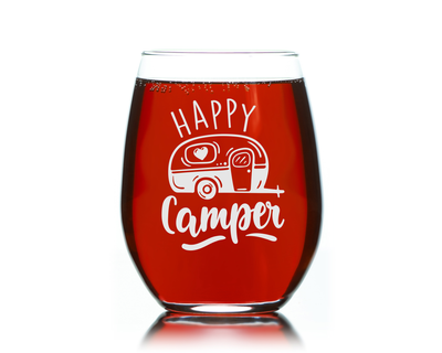 Happy Camper Stemless Wine Glass -  Funny Camping Themed Gift for Women and Men  - 17 oz.