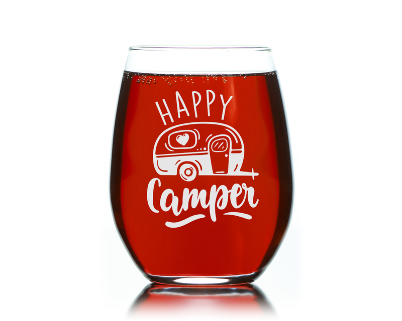 Happy Camper Stemless Wine Glass -  Funny Camping Themed Gift for Women and Men  - 17 oz.