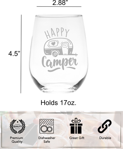 Happy Camper Stemless Wine Glass -  Funny Camping Themed Gift for Women and Men  - 17 oz.