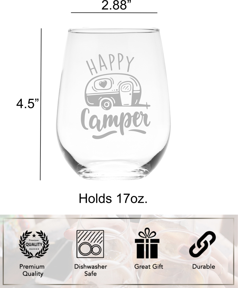 Happy Camper Stemless Wine Glass -  Funny Camping Themed Gift for Women and Men  - 17 oz.