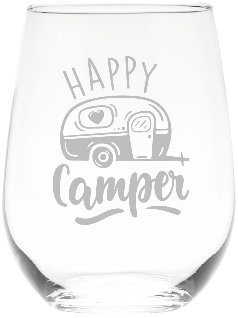 Happy Camper Stemless Wine Glass -  Funny Camping Themed Gift for Women and Men  - 17 oz.