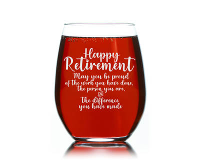 Happy Retirement Stemless Wine Glass -  17 oz  -  Gift For Retired Person - Retirement Themed Gift for Men and Women