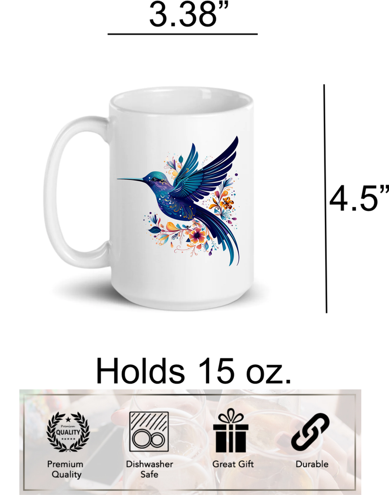 Hummingbird Ceramic Coffee Mug - 15 oz Hummingbird Coffee Mug - Unique Bird Gift for Bird Lovers (H1)