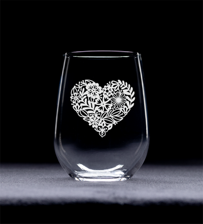 Heart Stemless Wine Glass - Heart Themed Gift for Women and Men - 17 oz. (Style H1)