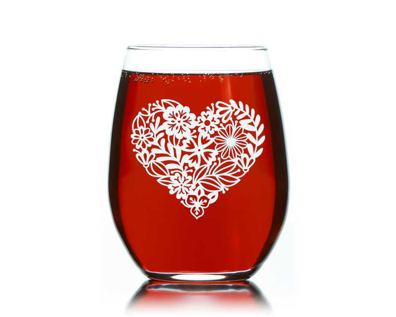 Heart Stemless Wine Glass - Heart Themed Gift for Women and Men - 17 oz. (Style H1)