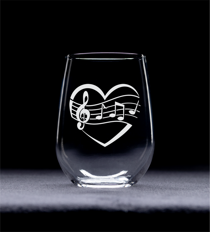 Heart Music Stemless Wine Glass - Gift for Music Lovers for Women and Men - 17 oz.