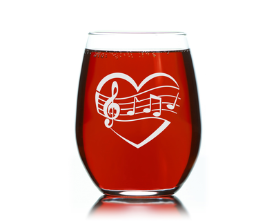 Heart Music Stemless Wine Glass - Gift for Music Lovers for Women and Men - 17 oz.