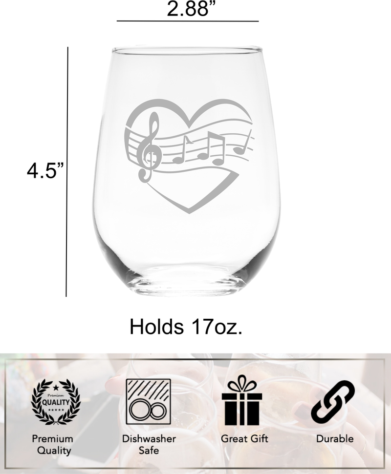 Heart Music Stemless Wine Glass - Gift for Music Lovers for Women and Men - 17 oz.