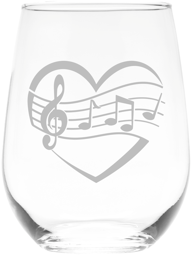 Heart Music Stemless Wine Glass - Gift for Music Lovers for Women and Men - 17 oz.