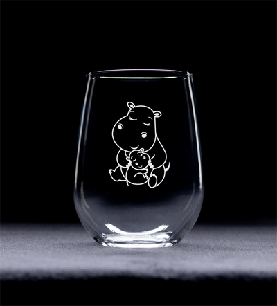 Hippopotamus With Baby Stemless Wine Glass - Hippo Themed Gift for Women and Men - 17 oz.