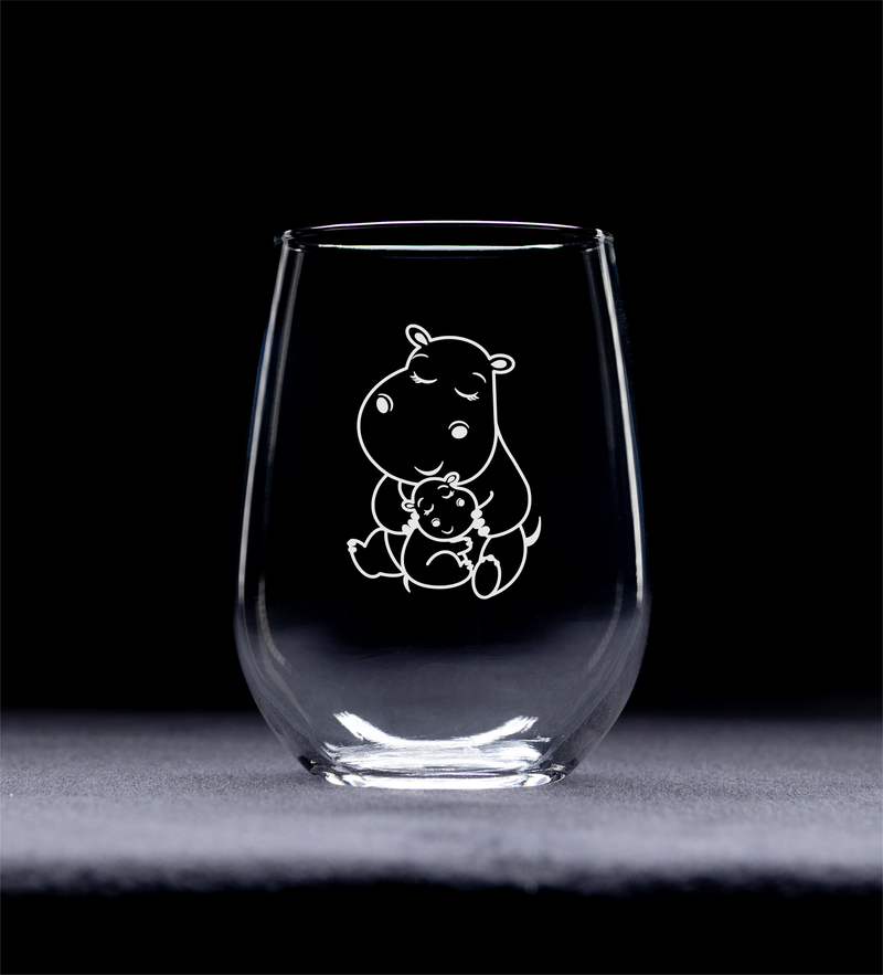 Hippopotamus With Baby Stemless Wine Glass - Hippo Themed Gift for Women and Men - 17 oz.