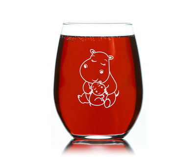 Hippopotamus With Baby Stemless Wine Glass - Hippo Themed Gift for Women and Men - 17 oz.