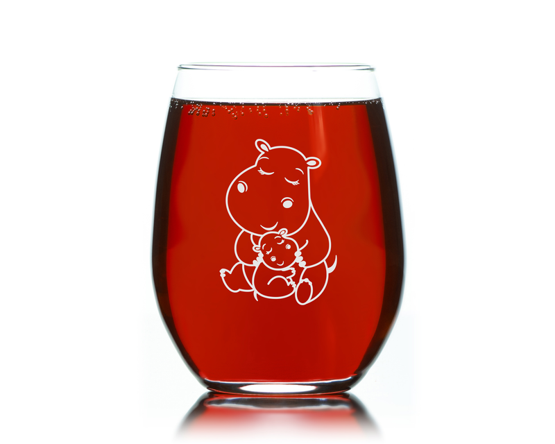 Hippopotamus With Baby Stemless Wine Glass - Hippo Themed Gift for Women and Men - 17 oz.