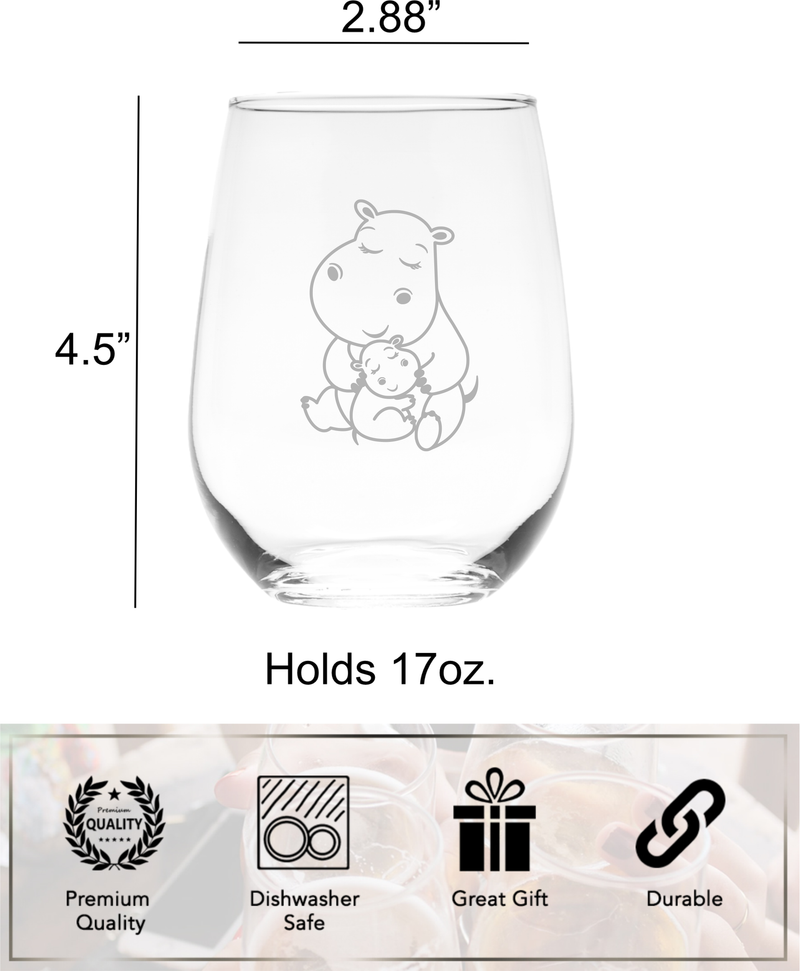 Hippopotamus With Baby Stemless Wine Glass - Hippo Themed Gift for Women and Men - 17 oz.