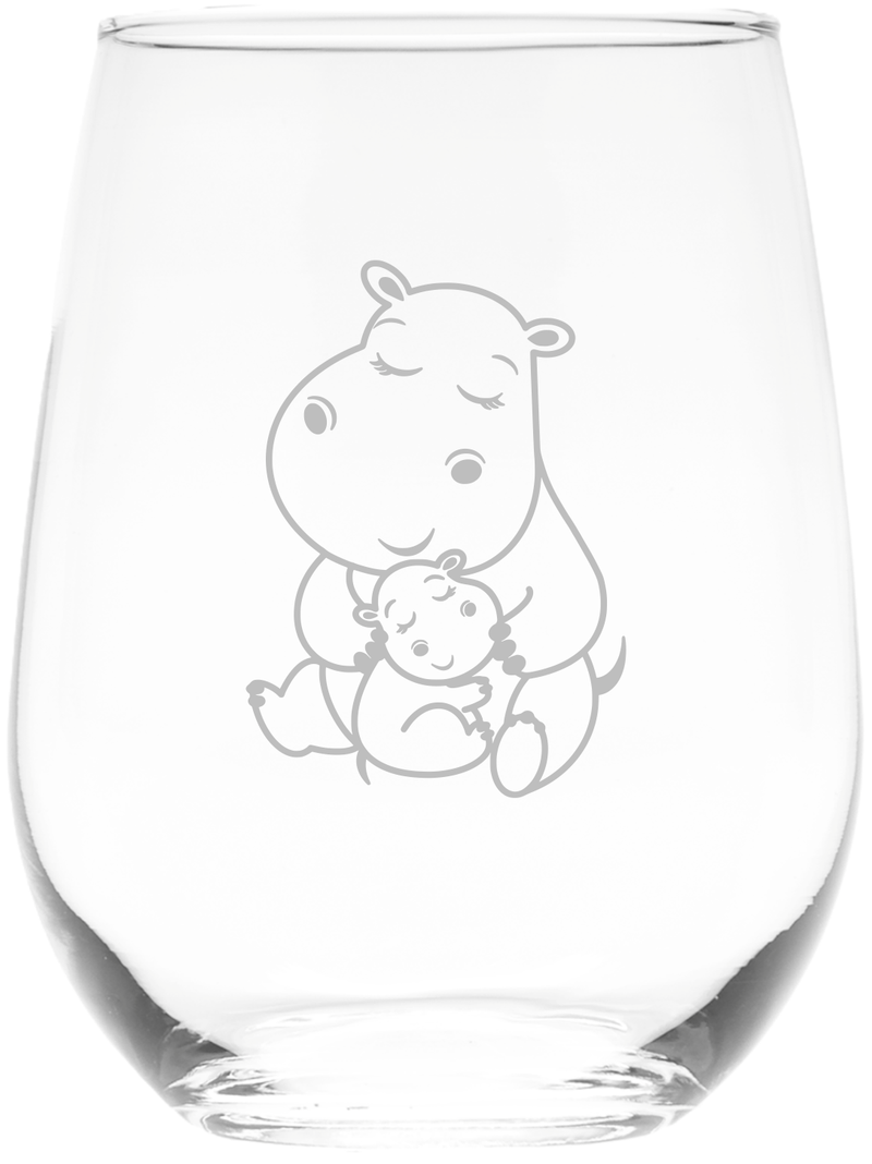 Hippopotamus With Baby Stemless Wine Glass - Hippo Themed Gift for Women and Men - 17 oz.