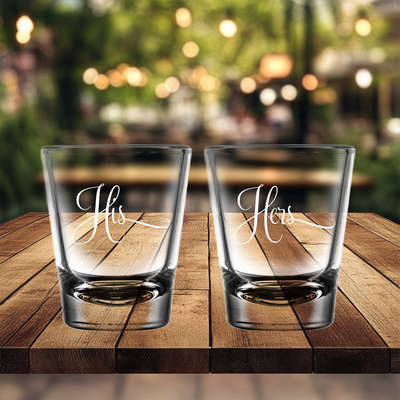 His and Hers Shot Glass Set - 2 Pieces - Gift Couples, Bridal, Engagement and Weddings - 1.75 oz.