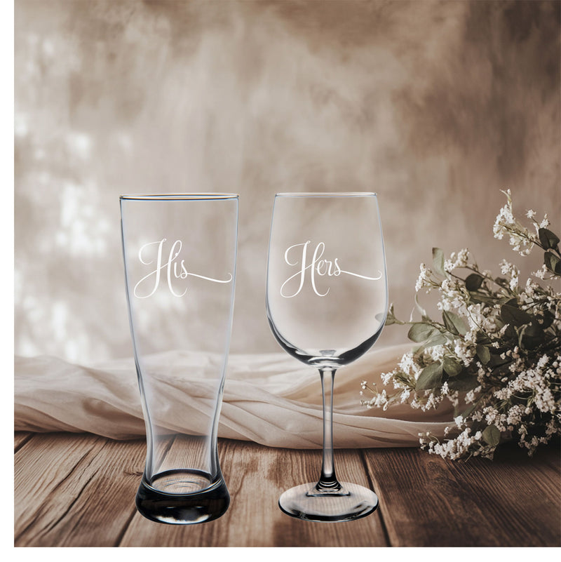 His and Hers Wedding Couple Glass Set - 2 Pieces - 23 oz. Beer Pilsner and 19 oz. Wine Glass - Couple Anniversary Engagement Bridal Gift