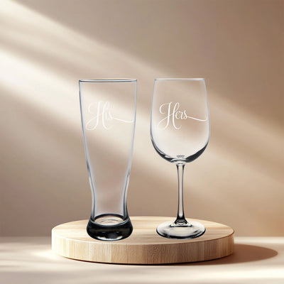 His and Hers Wedding Couple Glass Set - 2 Pieces - 23 oz. Beer Pilsner and 19 oz. Wine Glass - Couple Anniversary Engagement Bridal Gift