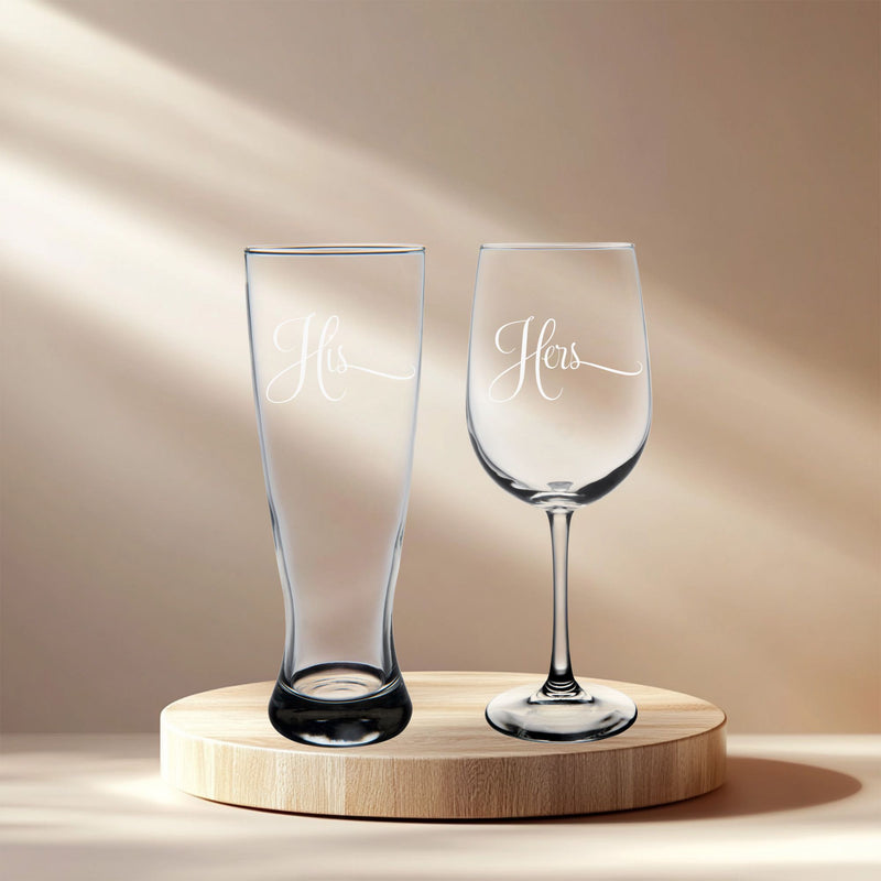 His and Hers Wedding Couple Glass Set - 2 Pieces - 23 oz. Beer Pilsner and 19 oz. Wine Glass - Couple Anniversary Engagement Bridal Gift