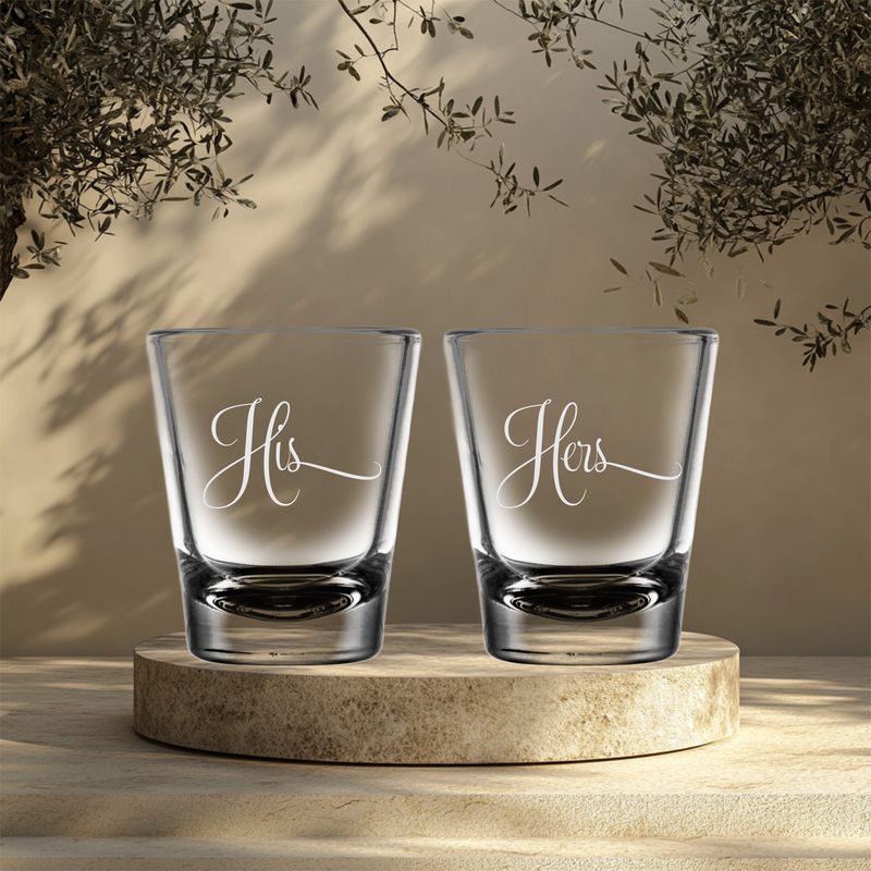 His and Hers Shot Glass Set - 2 Pieces - Gift Couples, Bridal, Engagement and Weddings - 1.75 oz.
