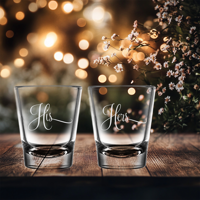 His and Hers Shot Glass Set - 2 Pieces - Gift Couples, Bridal, Engagement and Weddings - 1.75 oz.