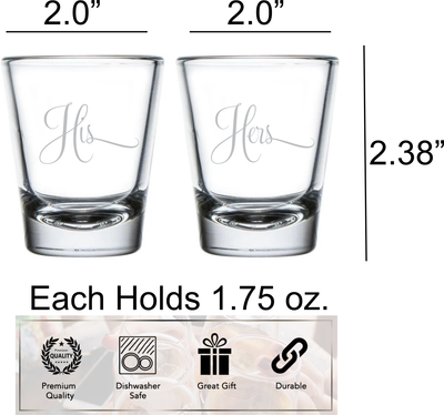 His and Hers Shot Glass Set - 2 Pieces - Gift Couples, Bridal, Engagement and Weddings - 1.75 oz.