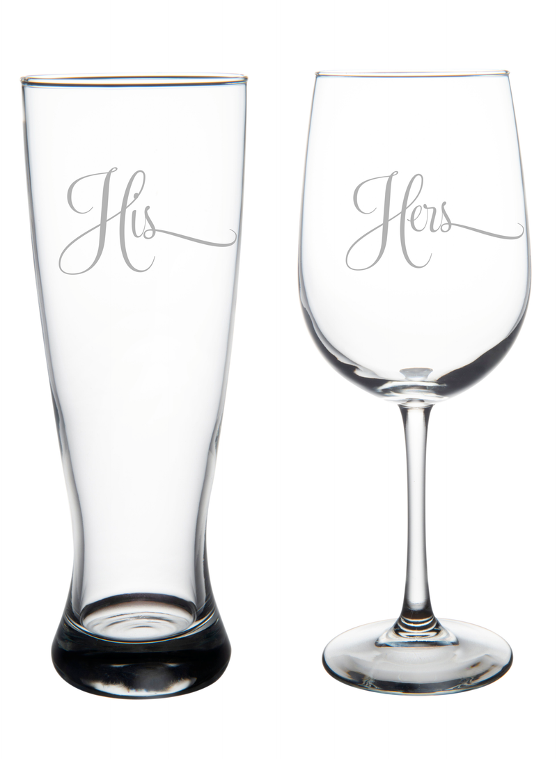 His and Hers Wedding Couple Glass Set - 2 Pieces - 23 oz. Beer Pilsner and 19 oz. Wine Glass - Couple Anniversary Engagement Bridal Gift