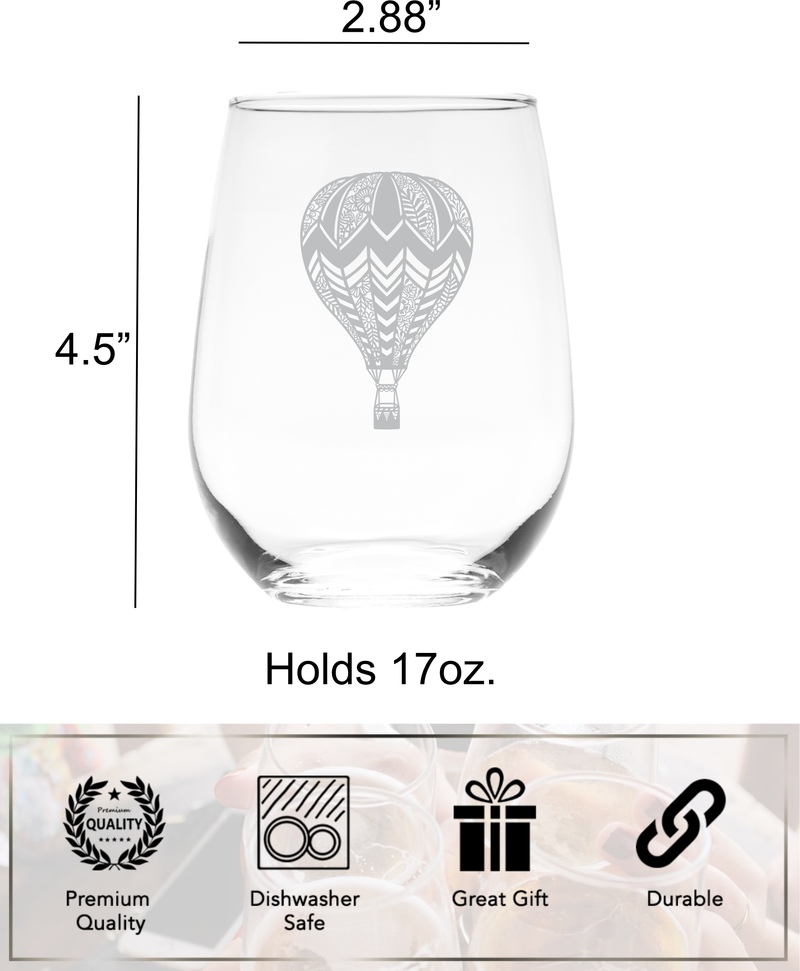 Hot Air Balloon Stemless Wine Glass - Hot Air Balloon Themed Gift for Men and Women -  17 oz.