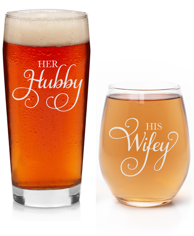 Her Hubby 20 oz. Beer and His Wifey 15 oz. Stemless Wine Glass Set - Gift for Weddings, Engagements, Couple Gift- 2 Pieces