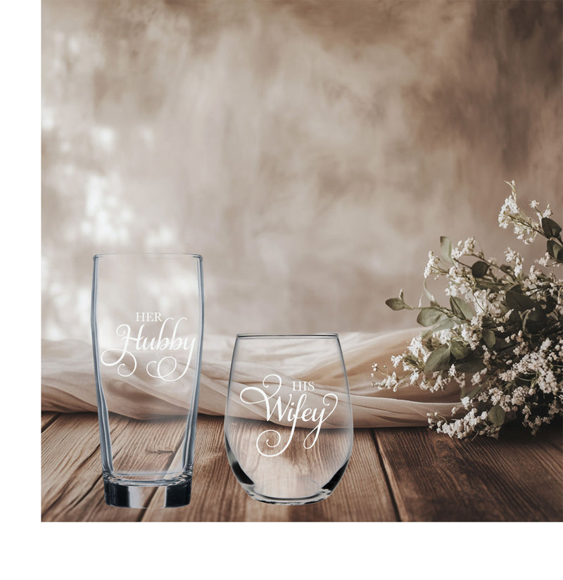 Her Hubby 20 oz. Beer and His Wifey 15 oz. Stemless Wine Glass Set - Gift for Weddings, Engagements, Couple Gift- 2 Pieces