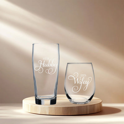 Her Hubby 20 oz. Beer and His Wifey 15 oz. Stemless Wine Glass Set - Gift for Weddings, Engagements, Couple Gift- 2 Pieces