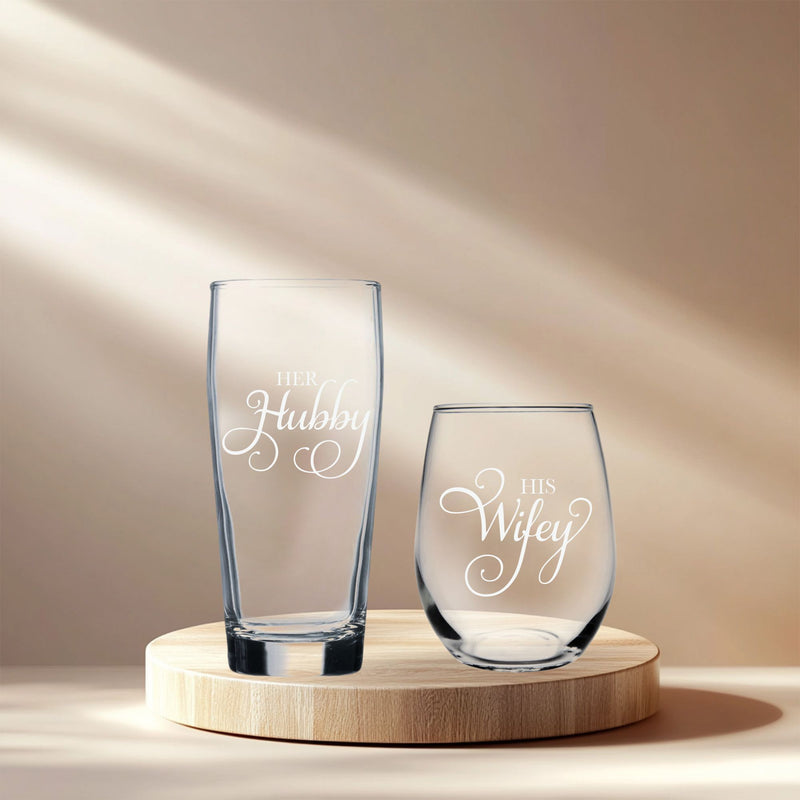 Her Hubby 20 oz. Beer and His Wifey 15 oz. Stemless Wine Glass Set - Gift for Weddings, Engagements, Couple Gift- 2 Pieces
