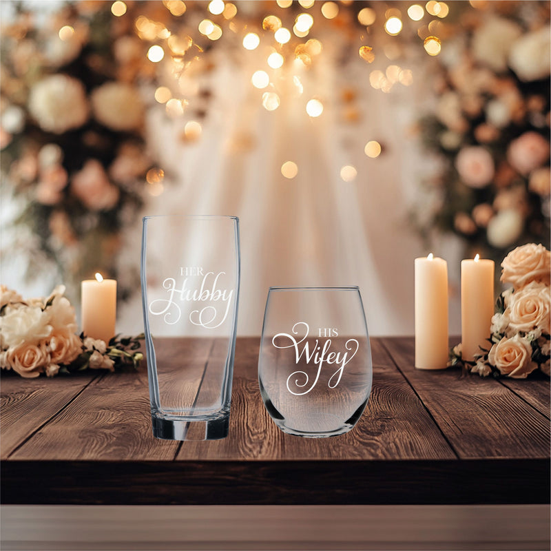 Her Hubby 20 oz. Beer and His Wifey 15 oz. Stemless Wine Glass Set - Gift for Weddings, Engagements, Couple Gift- 2 Pieces