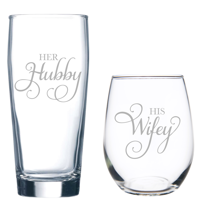 Her Hubby 20 oz. Beer and His Wifey 15 oz. Stemless Wine Glass Set - Gift for Weddings, Engagements, Couple Gift- 2 Pieces