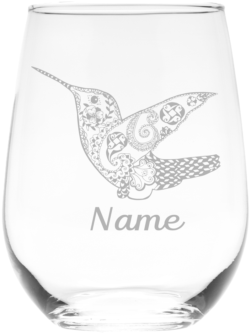 Hummingbird with Name, 17 oz.  Custom Stemless Wine Glass - Personalized Hummingbird Themed Gift for Women and Men