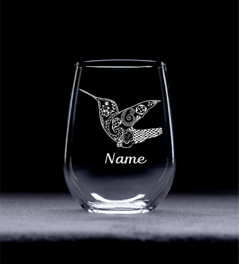 Hummingbird with Name, 17 oz.  Custom Stemless Wine Glass - Personalized Hummingbird Themed Gift for Women and Men